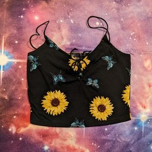 🌻🦋 Sunflower Butterfly Black Faded Rose Crop Top Size Medium